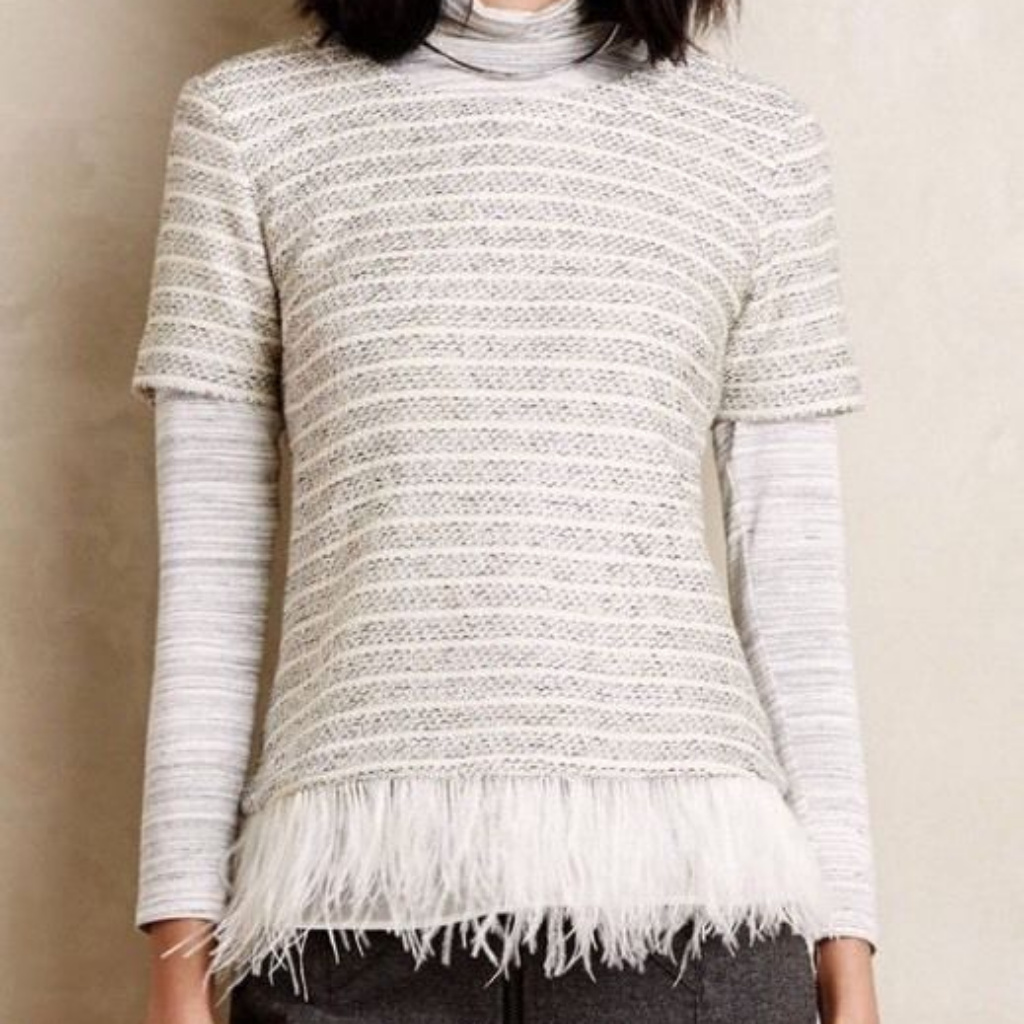Anthropologie Feathered Boucle Top Short Sleeve Sweater W/ Feather Trim, Size M